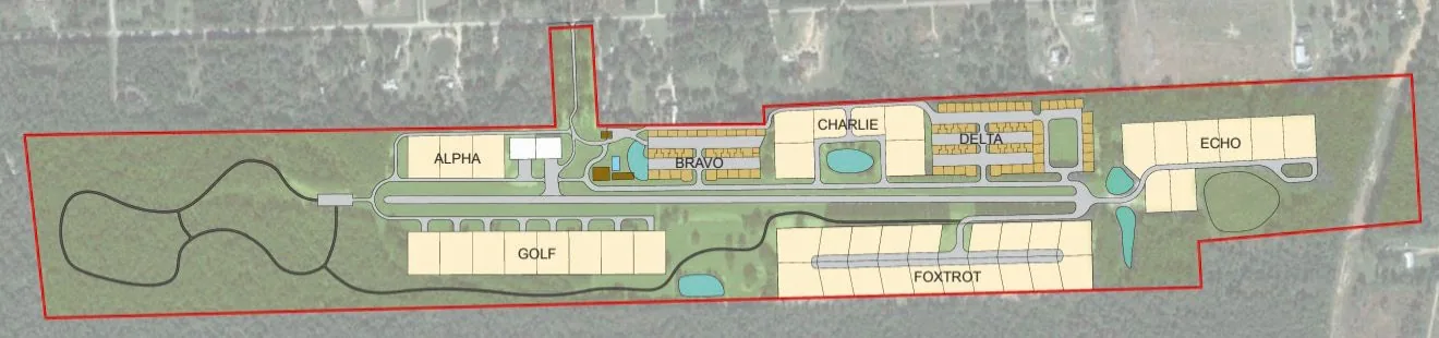 Site plan of CAVOK Airpark: a long parcel with a central runway, lots in seven zones named Alpha to Golf, ponds, and a looping road at the west end