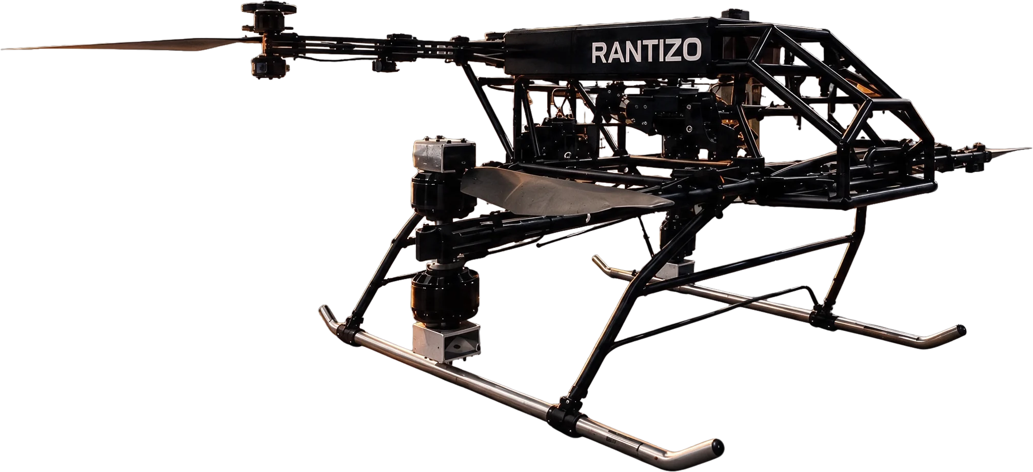 The Rantizo Harvest 100 heavy-lift drone standing in a hangar at dawn