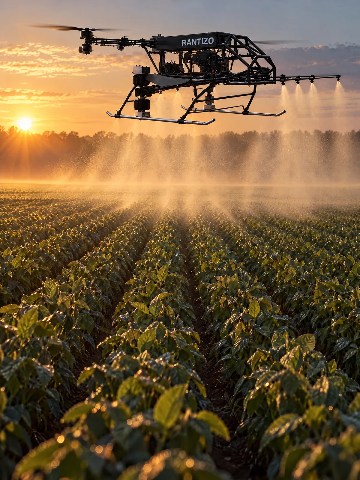 Rantizo drone spraying soybean rows at sunrise