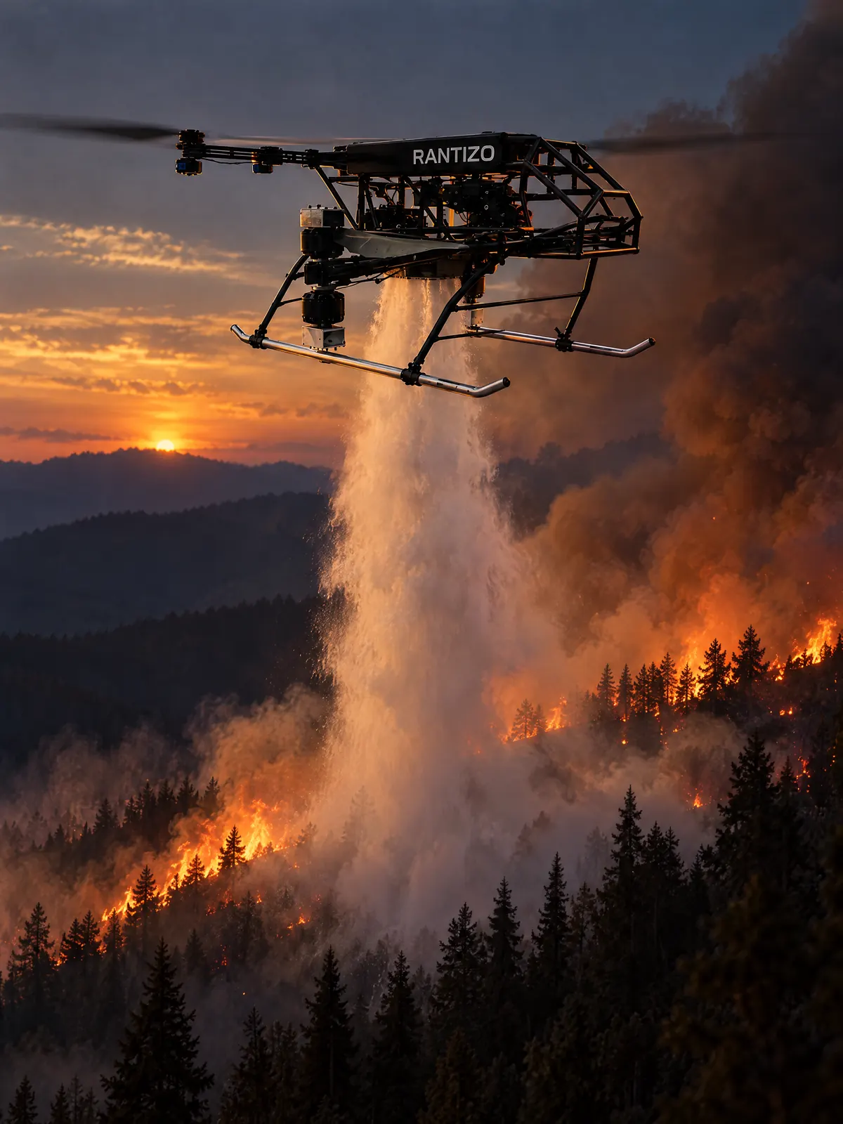 Rantizo drone dropping water on a forest fire at dusk