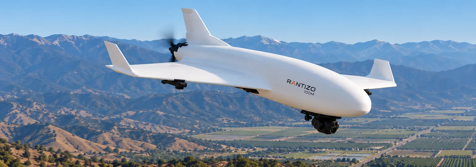 The fixed-wing prototype in flight over foothills and orchard country, a camera turret under its nose