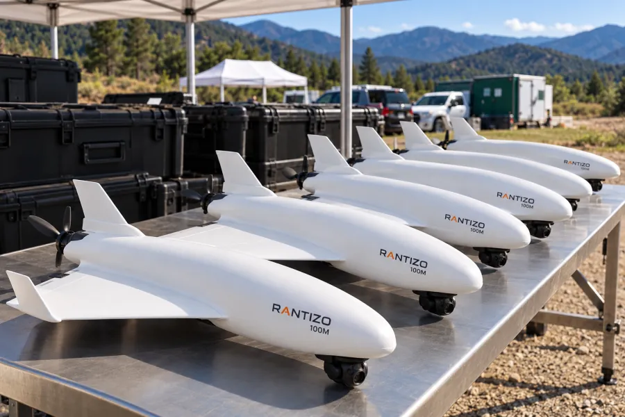 Six of the fixed-wing aircraft lined up on a steel table under a canopy, carry cases behind them