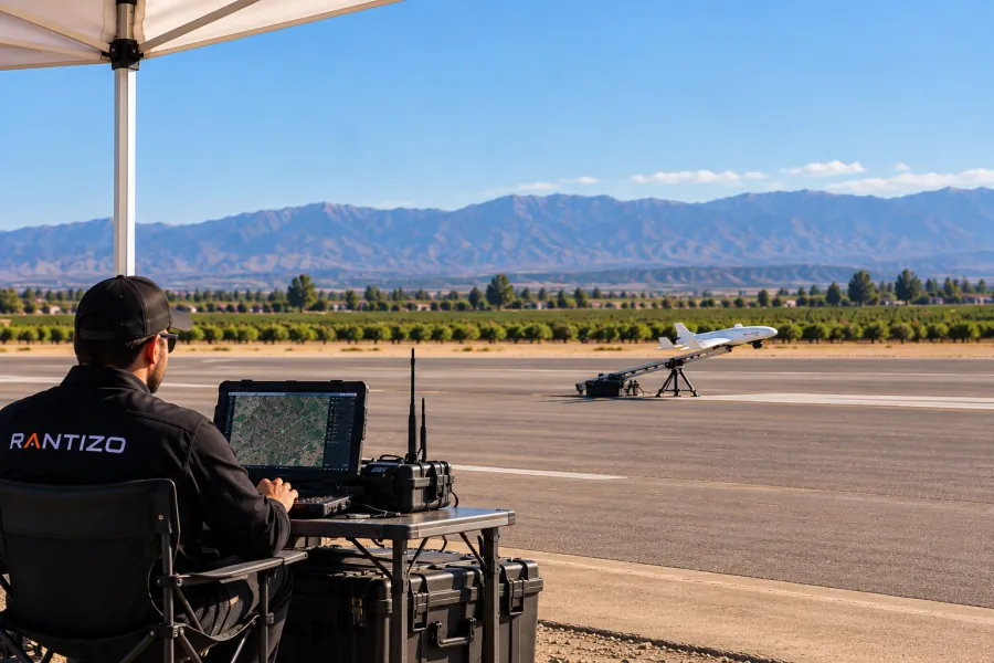 An operator in a Rantizo jacket at a laptop ground station, the fixed-wing prototype on its launch rail across the runway