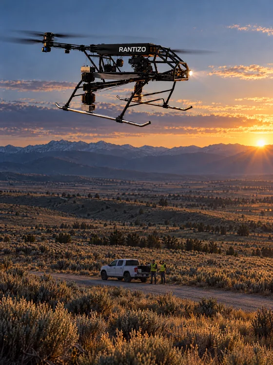 The Harvest 100 flying high over open rangeland at sunrise, a two-person crew and a white pickup on the road below