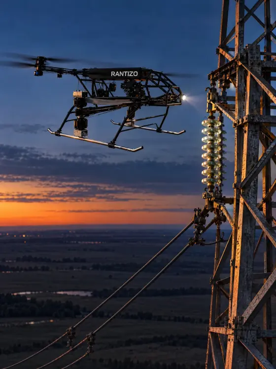 Harvest 100 inspecting a high-voltage transmission tower
